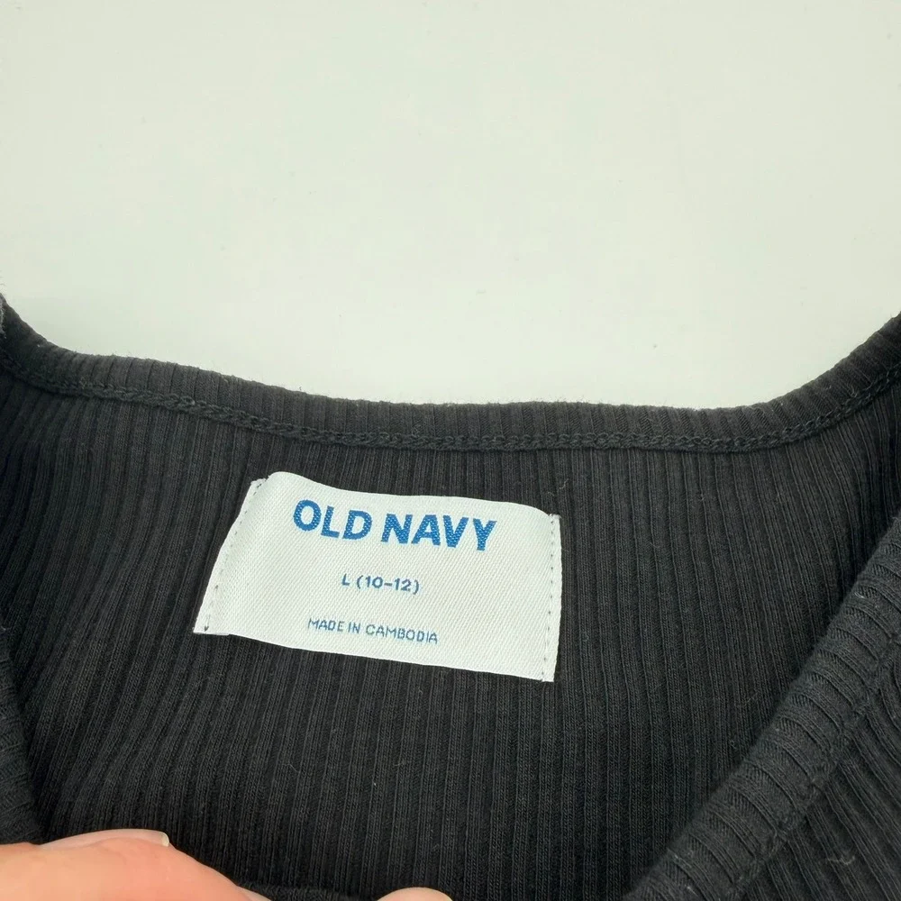 Old Navy Girls Black Ribbed Button Front Short Sleeve Dress Size L 10-12